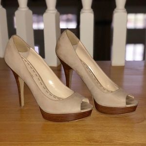 Cream suede stilettos with wooden base